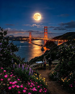 Golden Gate Bridge lit up at night with a full moon rising above and colorful flowers in the foreground