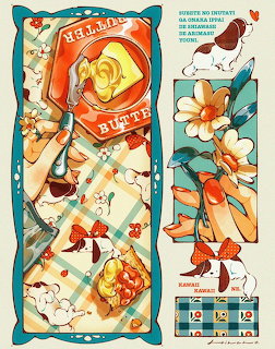 Kawaii illustration of butter, toast, flowers and food items on a plaid background with ornate border