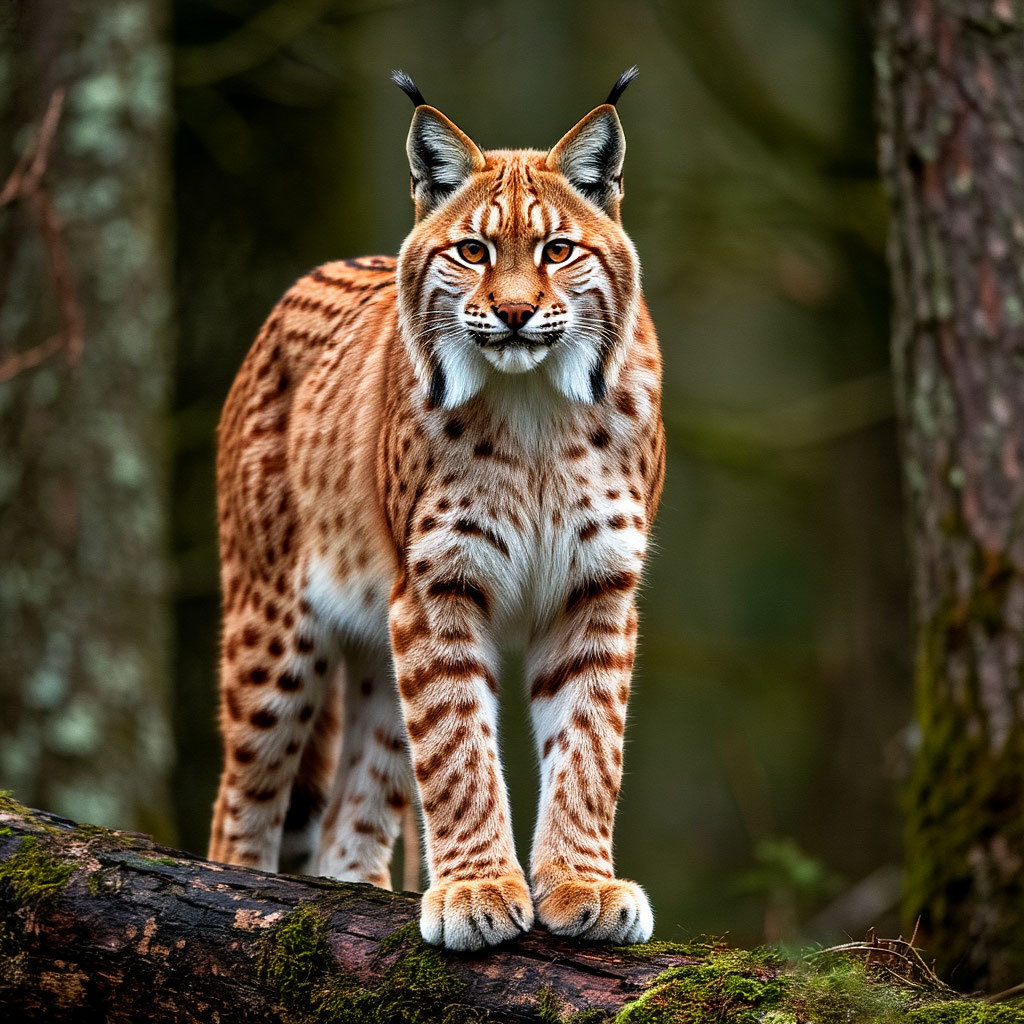Wild lynx with spotted fur and ear tufts standing on a forest log