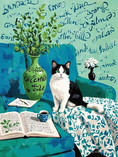 Tuxedo cat sitting next to teal vase with greenery and open book on patterned surface
