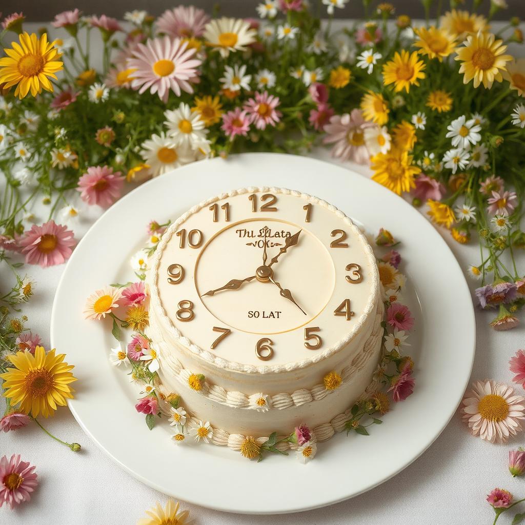 Round clock-themed cake on a white plate surrounded by colorful flowers