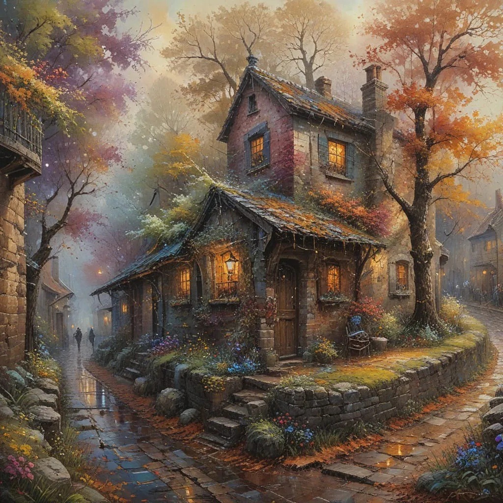 Warm cottage with lit windows nestled among autumn trees on a stone path in golden mist