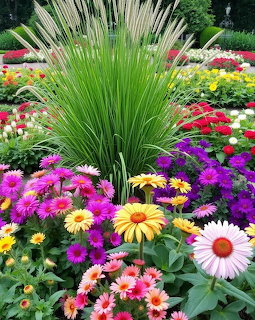 Colorful garden bed with purple, yellow, and pink flowers surrounding tall ornamental grass
