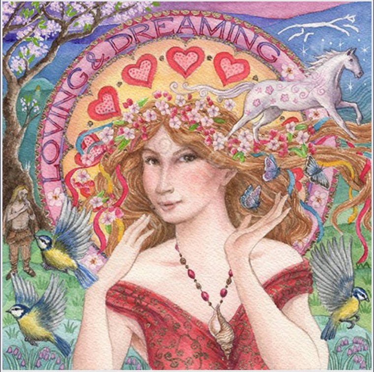 Woman with elaborate floral crown, unicorn, hearts and birds in fantasy art style
