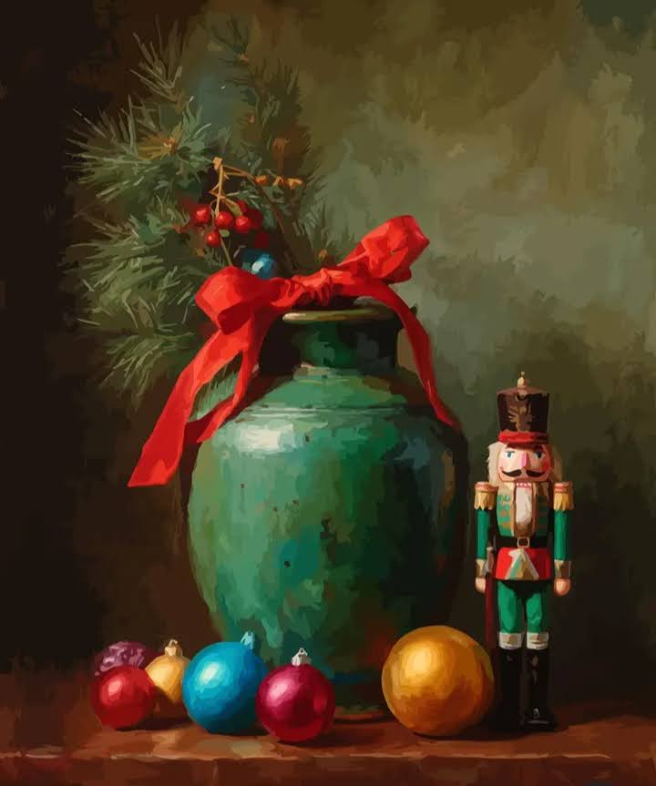Painting of a green vase with red bow, pine branch, ornaments, and a nutcracker figurine