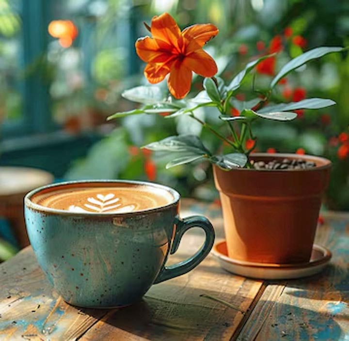 Blue coffee cup with latte art beside a potted orange flower on a wooden table
