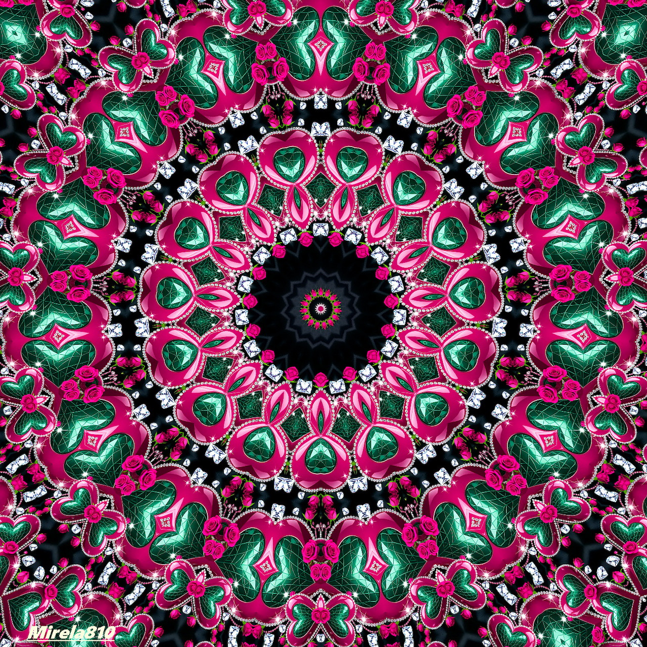 Intricate pink and green symmetrical mandala pattern on a dark background