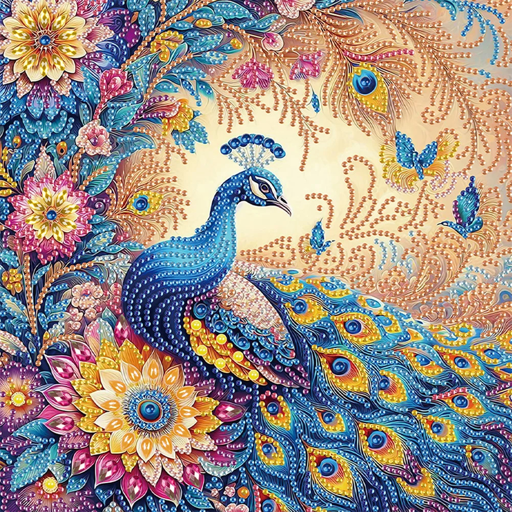 Colorful decorative artwork of a blue peacock with ornate flowers and swirling patterns
