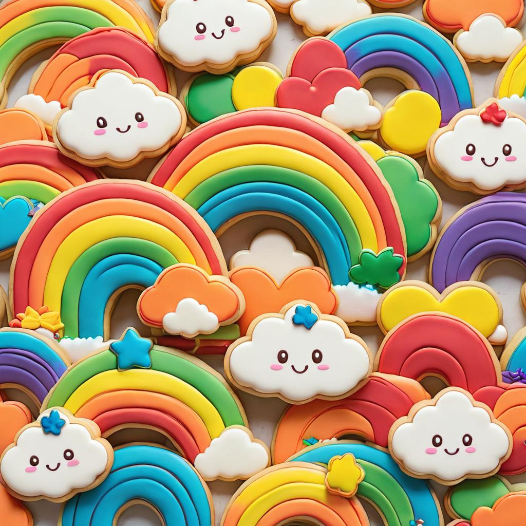 Decorated sugar cookies shaped like rainbows and smiling clouds with colorful royal icing