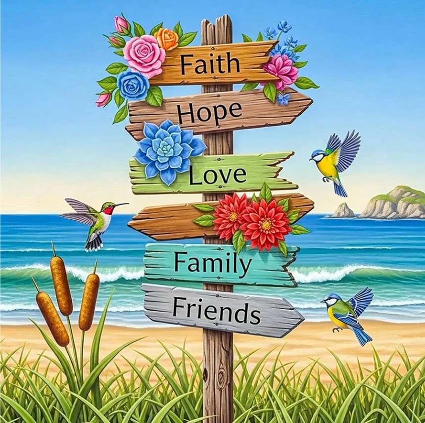 Illustrated beach signpost with flowers, birds, and words Faith, Hope, Love, Family, and Friends