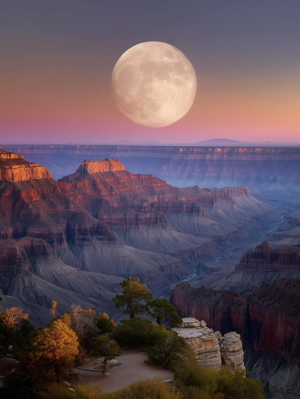 Full moon above Grand Canyon at sunset with layered rock formations and colorful sky