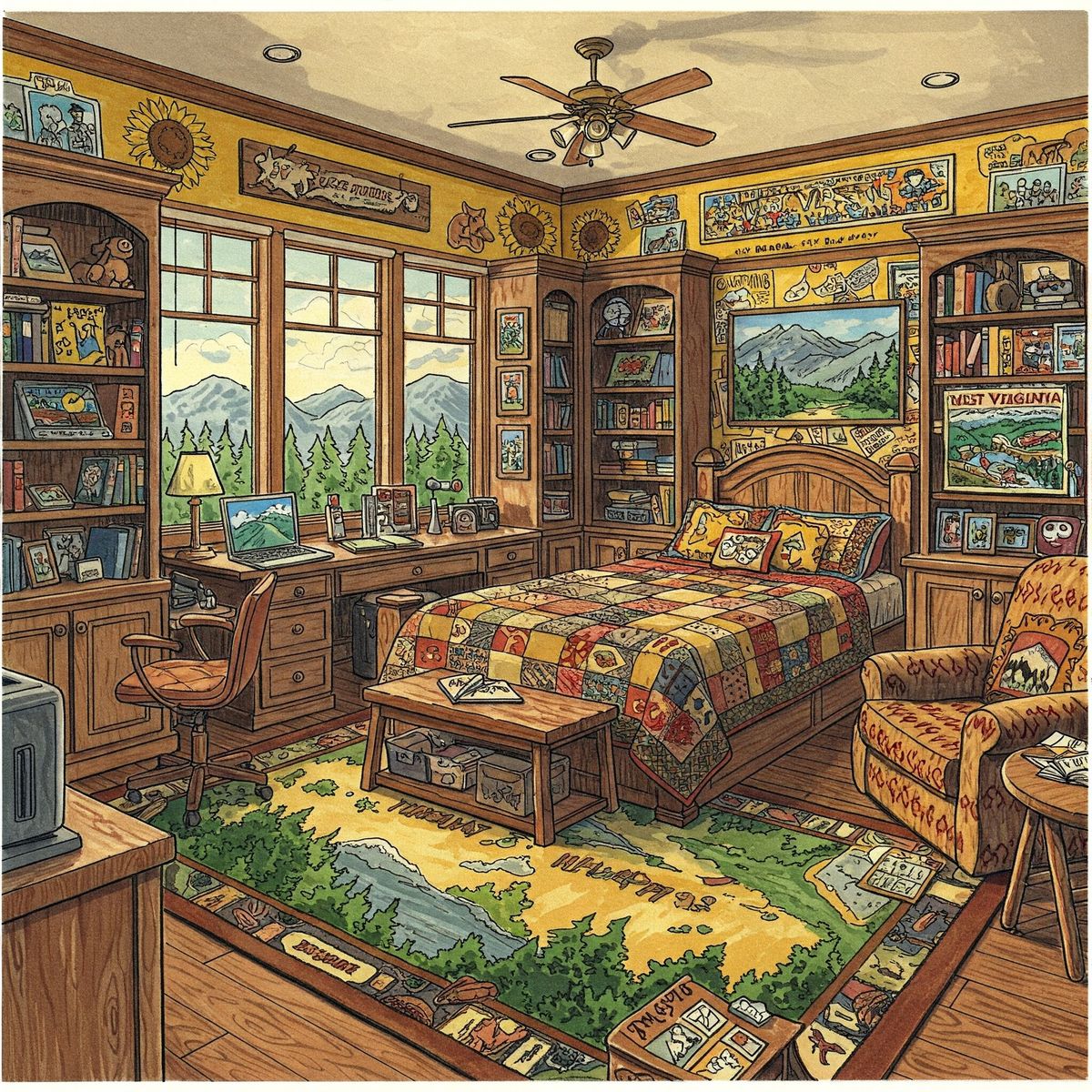 Illustrated rustic bedroom with bookshelves, patchwork bedspread, wooden desk, and mountain view windows
