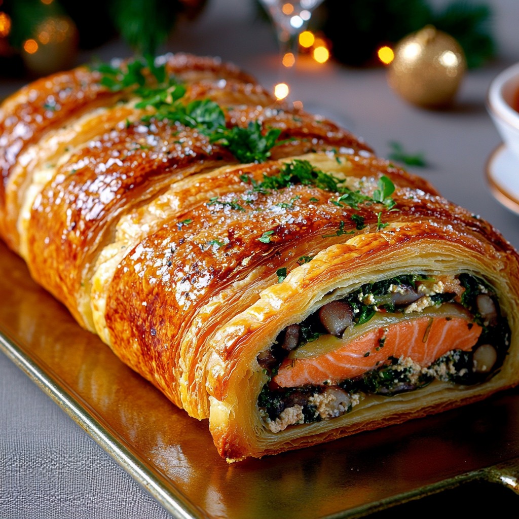 Braided puff pastry stuffed with salmon, spinach, and mushrooms on a tray