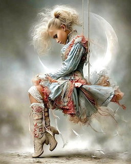 Fantasy art of girl with blonde curls in teal dress sitting on crescent moon swing in dreamy cloudy setting