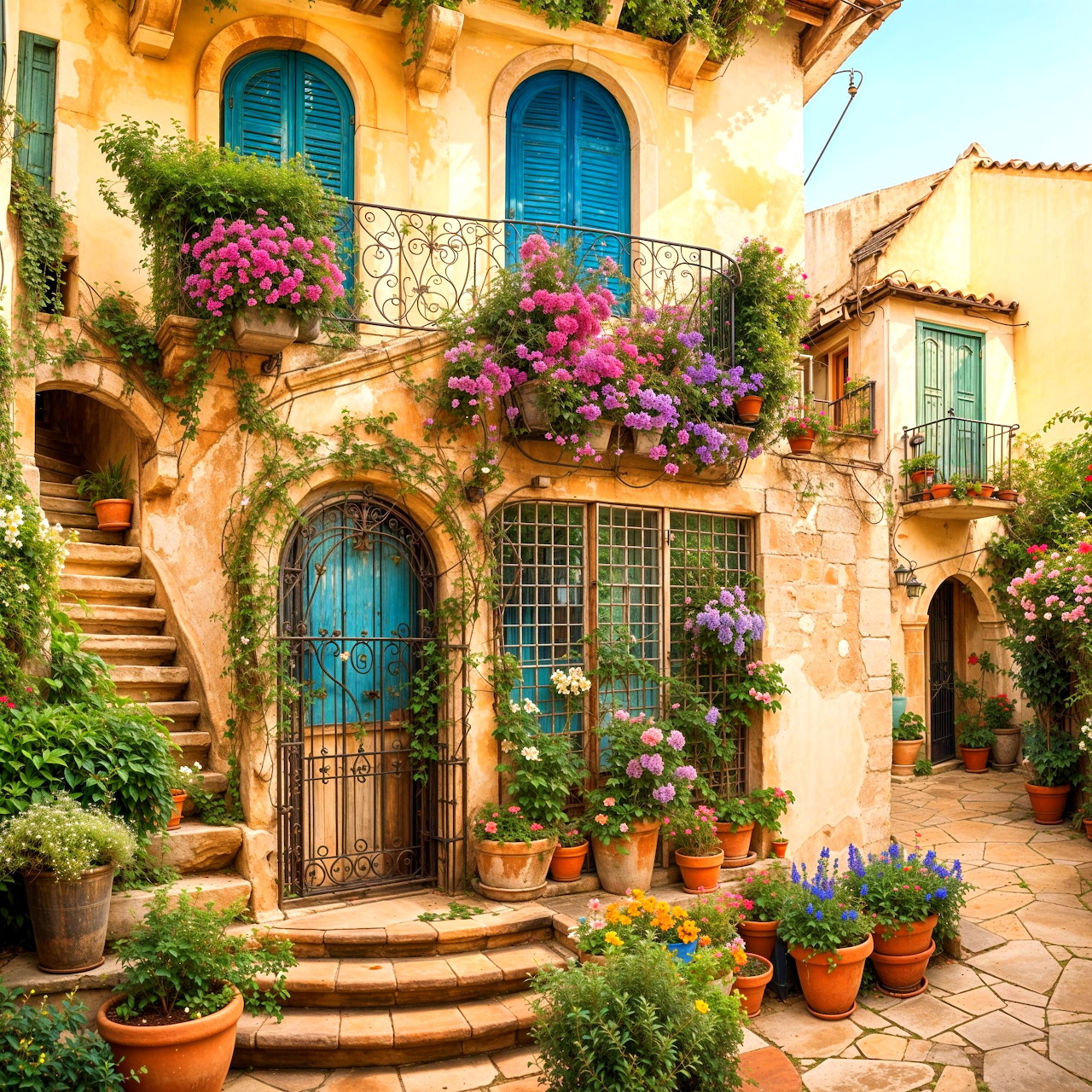 Mediterranean villa with blue windows, stone stairs, balconies, and colorful flowers in courtyard
