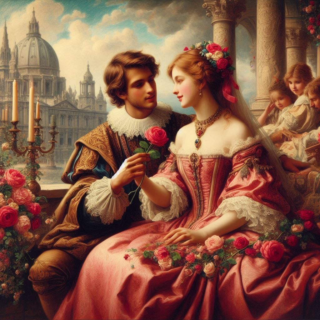 Renaissance-style painting of a seated couple in elegant clothing surrounded by roses and columns