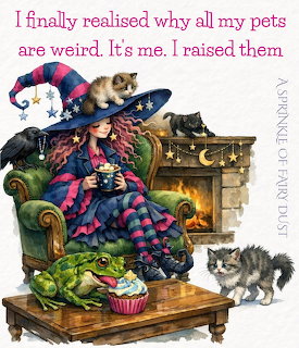 Illustration of a witch in an armchair by a fireplace with a frog, cat, raven, and cupcake