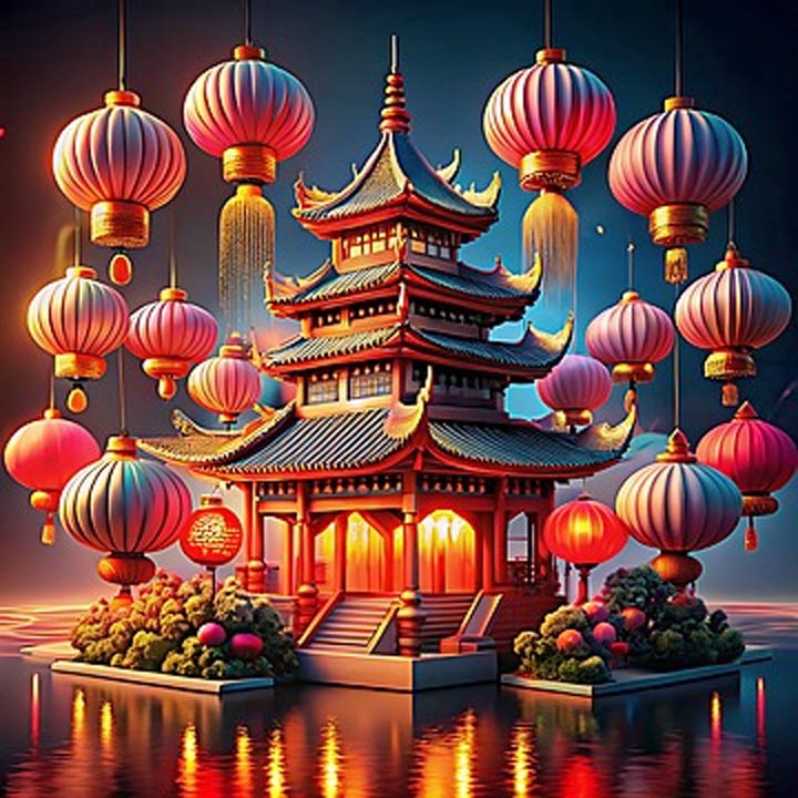 Stylized Chinese pagoda with many red lanterns glowing above reflective water