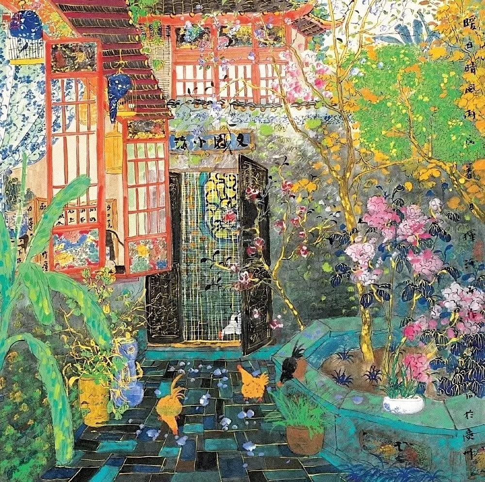 Colorful painting showing chickens on tiled courtyard with decorative gate, flowering trees and traditional Asian architecture