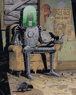 Illustration of a humanoid robot sitting in an armchair with a rat on the floor