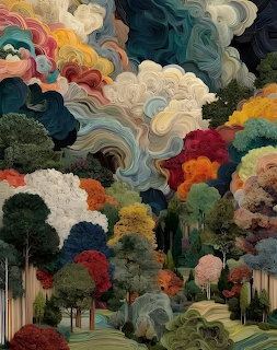 Colorful stylized painting of trees with swirling multicolored clouds above a lush forest landscape