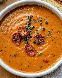 Bowl of orange tomato soup garnished with roasted tomatoes and thyme