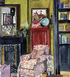 Watercolor painting of a living room with floral armchair, red cabinet, fireplace, and yellow walls