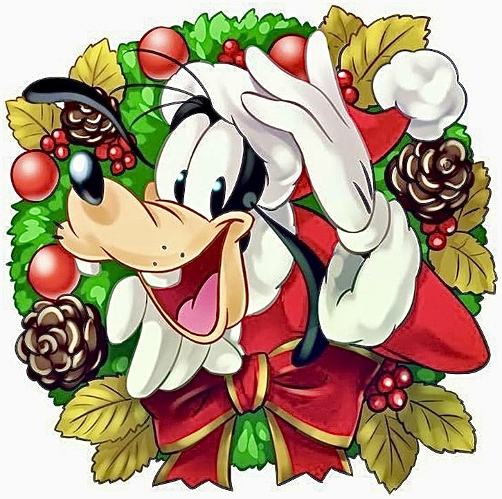 Cartoon Goofy inside a Christmas wreath with ornaments, pine cones, holly, and a red bow