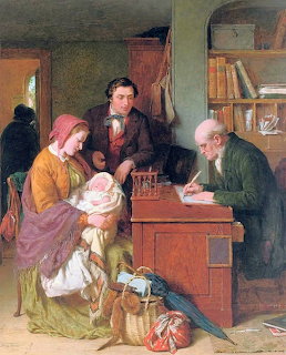 Victorian painting of a couple with a baby at a registrar's desk, elderly man writing in a book