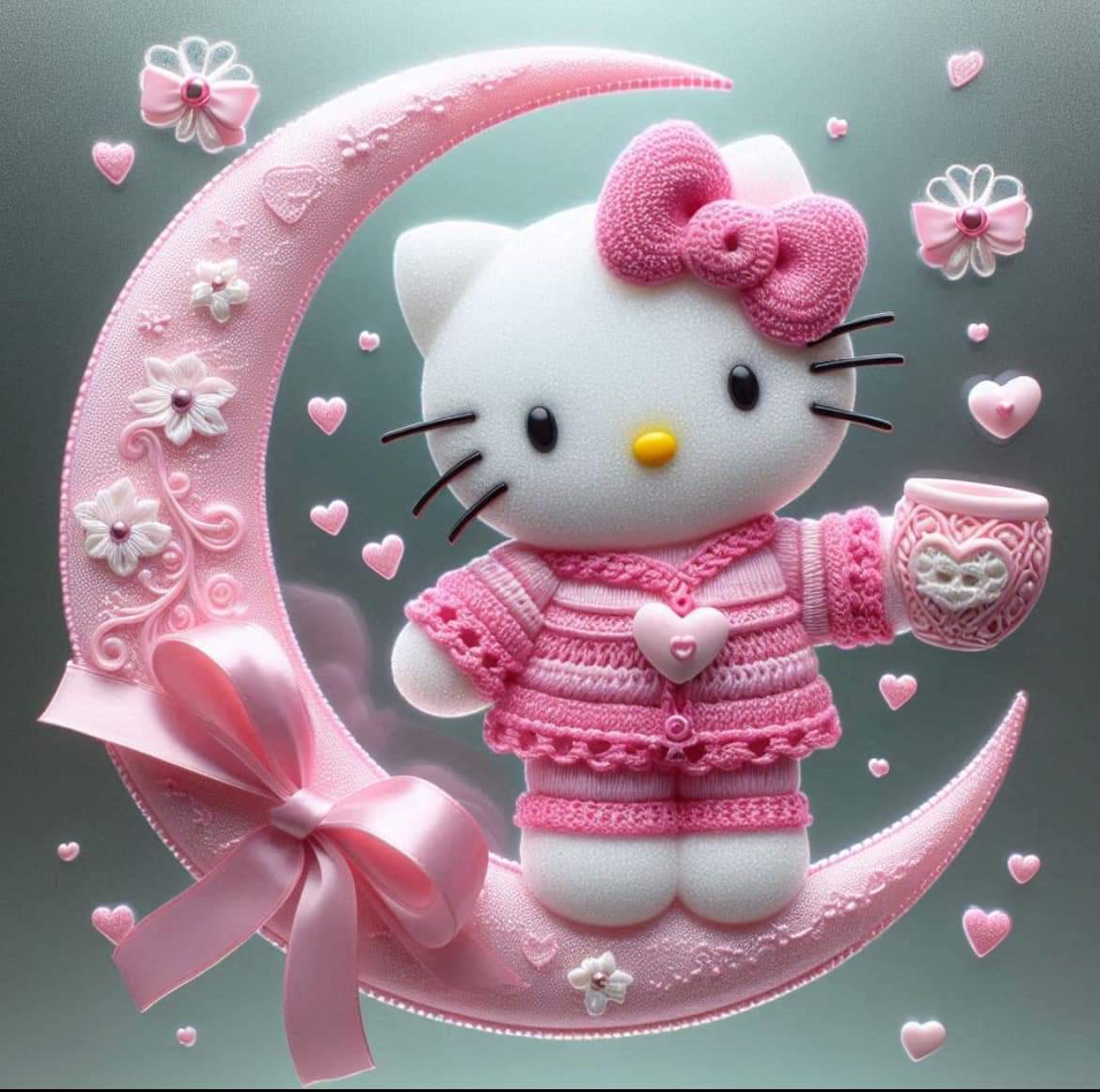 Hello Kitty wearing pink sweater on pink crescent moon with hearts and flowers