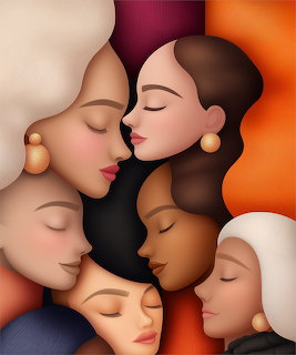 Abstract art showing five women's faces in profile with diverse skin tones against warm gradient background