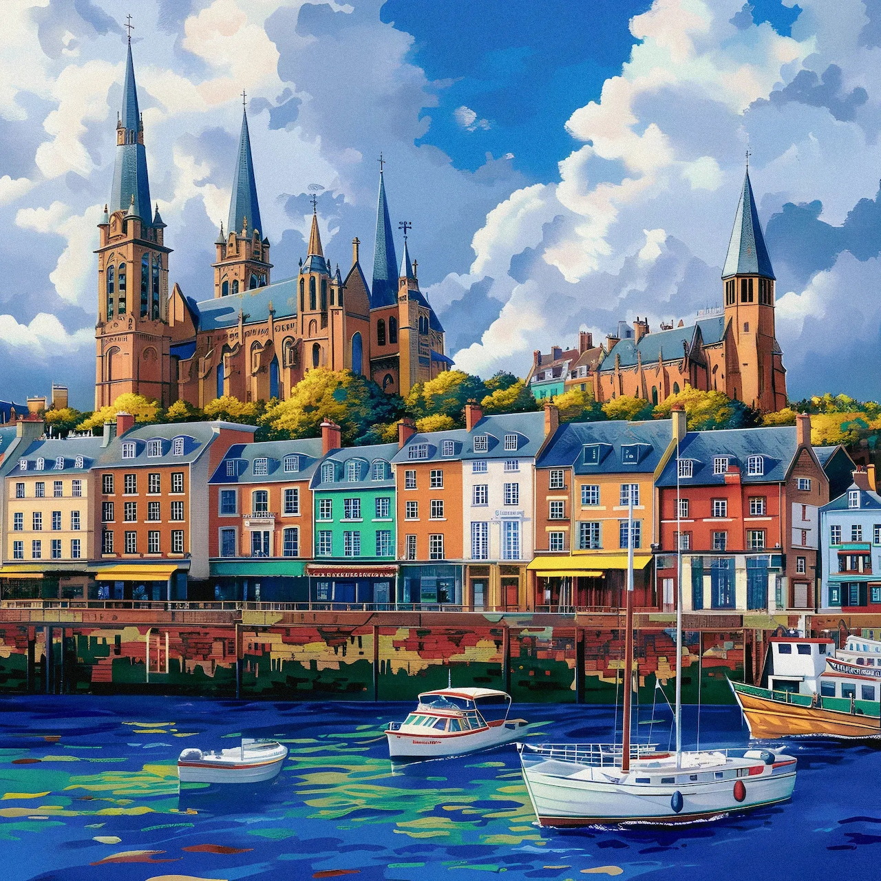 Colorful waterfront buildings with castle on hill above harbor with boats