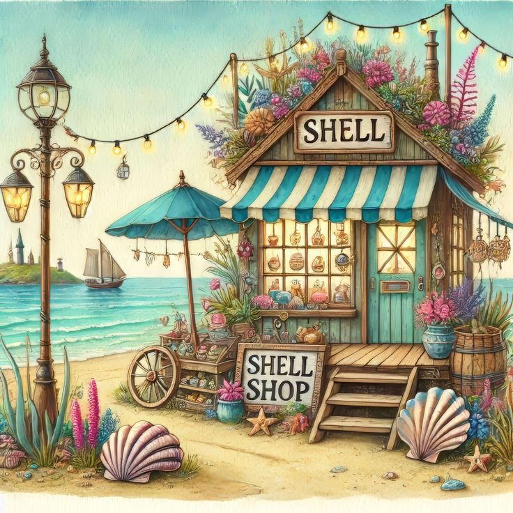 Illustrated shell shop by the beach with seashells, flowers, lanterns, and ocean in the background