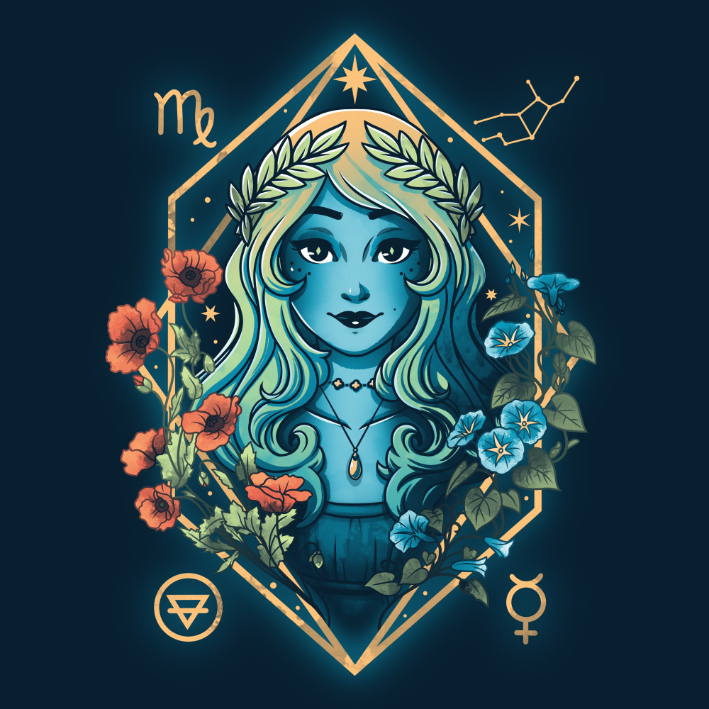 Illustrated Virgo zodiac sign with blue-skinned woman, flowers, geometric shapes, and astrological symbols