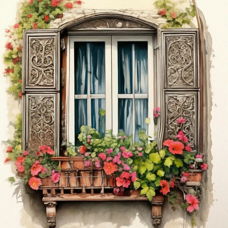 Decorative window with carved shutters, blue curtains, and a flower box full of pink and red flowers