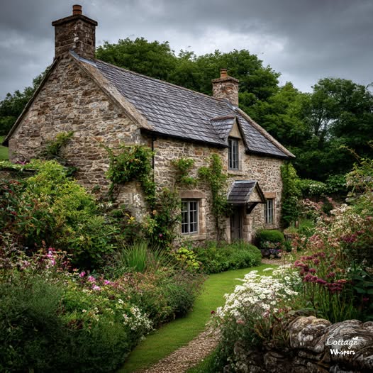 Old stone cottage with slate roof in an overgrown garden with flowers and green path