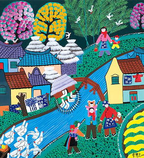 Vibrant Chinese folk painting of a rural village with geese, colorful trees, houses, and people near a blue river.