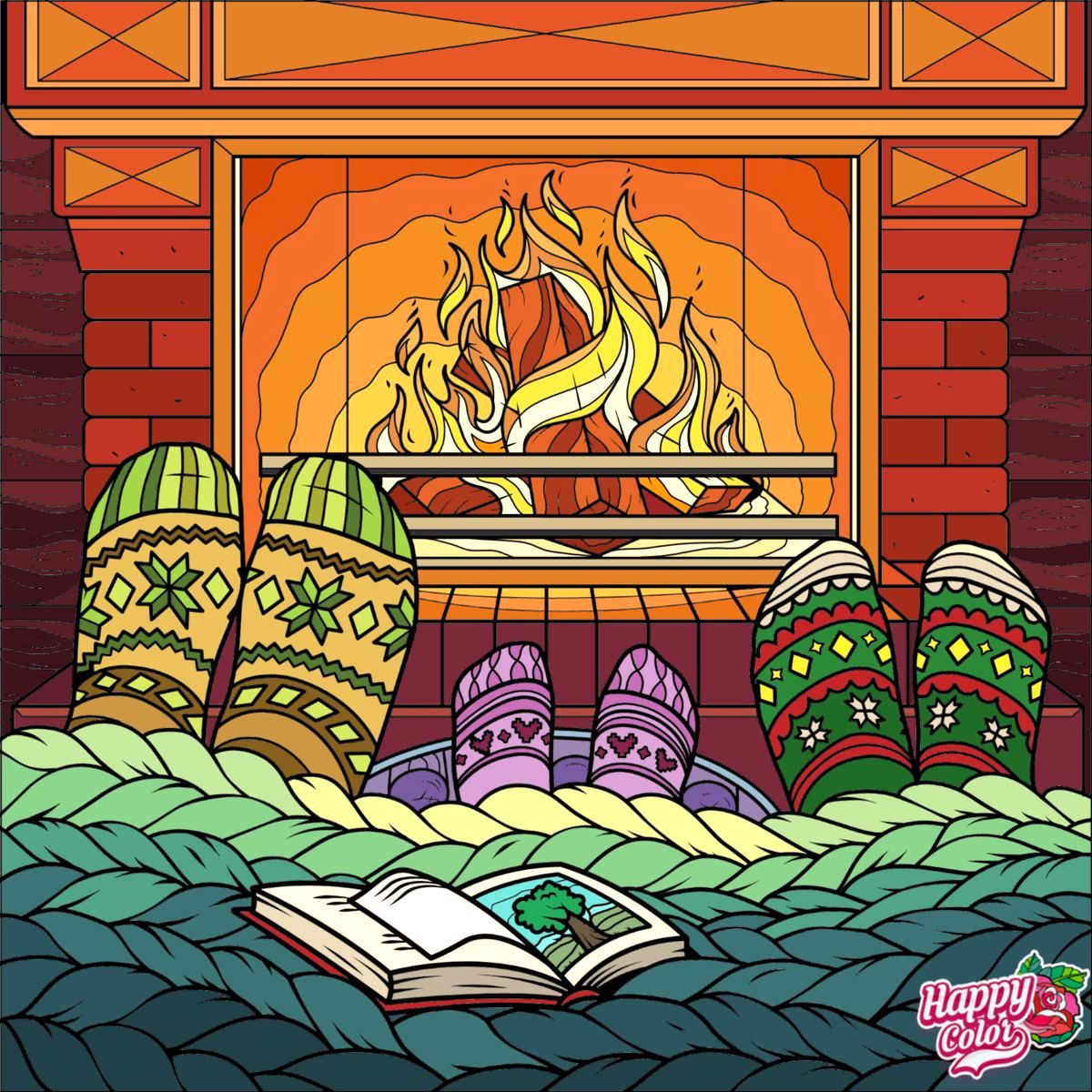 Illustration of a fireplace with socked feet under a blanket and an open book by the fire