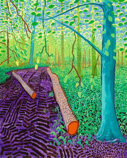 Colorful painting of a fallen log in a vivid forest with purple ground, green foliage, and blue tree trunk