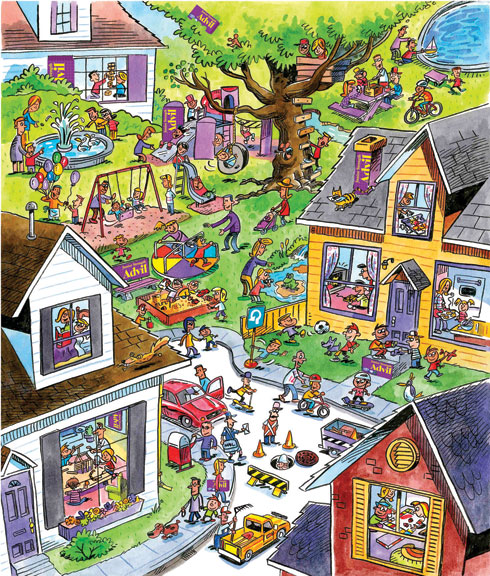 Cartoon neighborhood scene with treehouse, playing children, and houses showing interior rooms