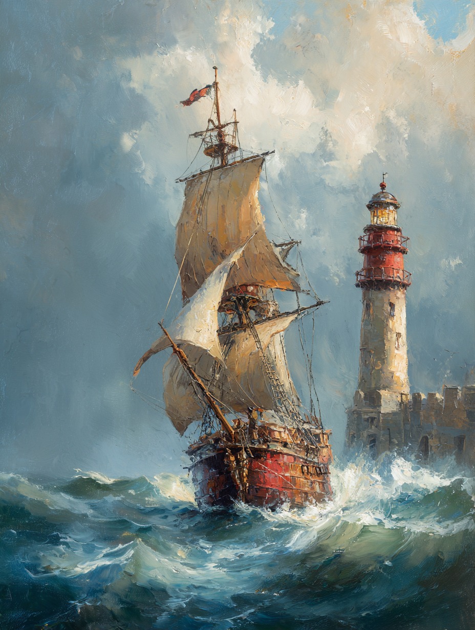Sailing ship with tan sails nearing a striped lighthouse in rough seas