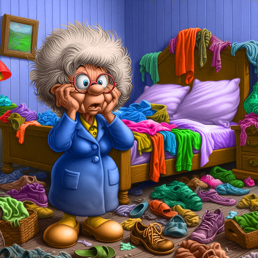 Cartoon elderly woman with shocked expression in messy bedroom with clothes everywhere
