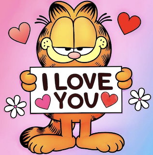 Garfield holding I Love You sign with hearts and flowers