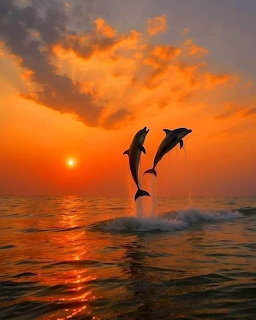 Two dolphins jumping out of the sea at sunset with a vivid orange sky and sun reflection on the water
