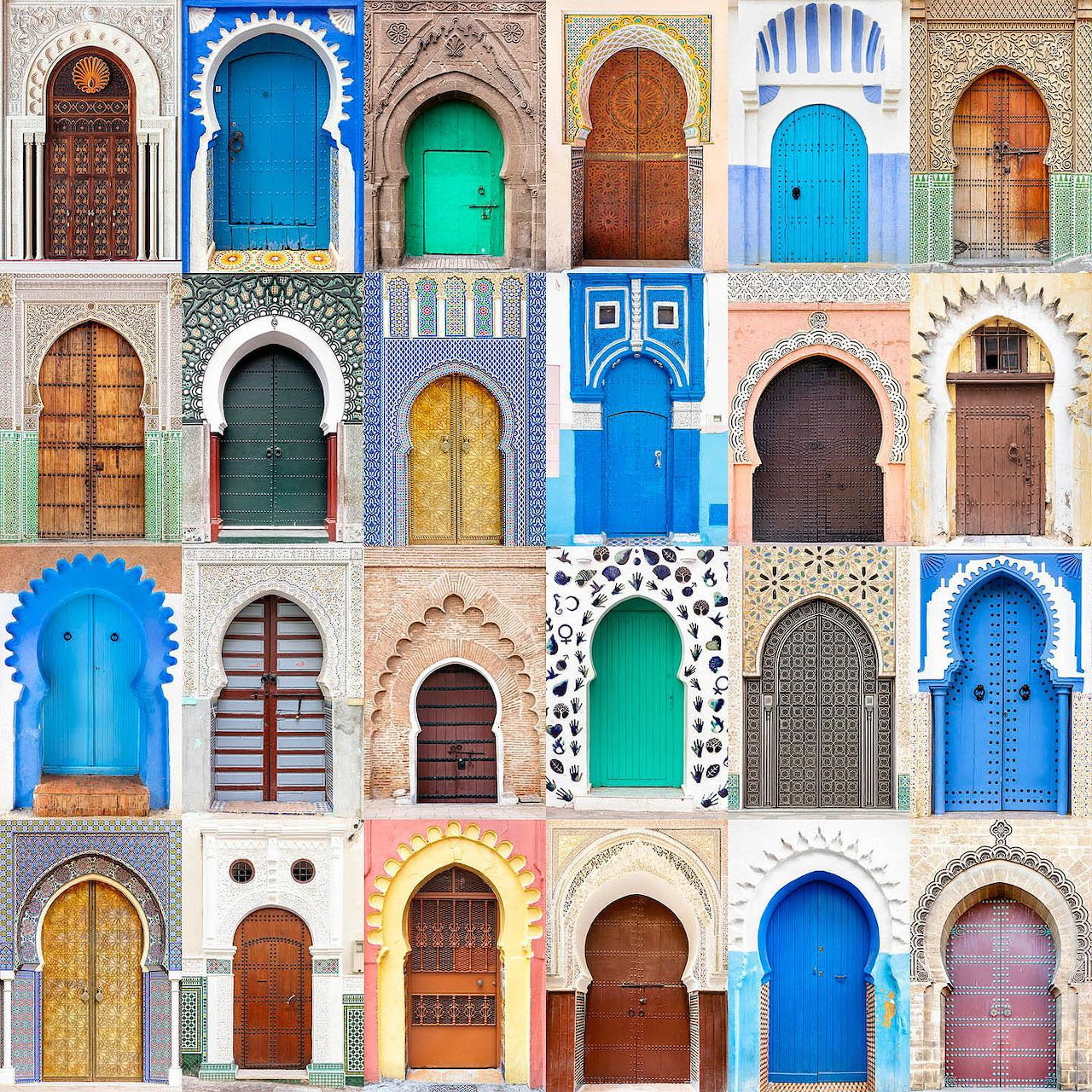 Collage of 24 colorful traditional Moroccan doors with Islamic architectural details and ornate designs