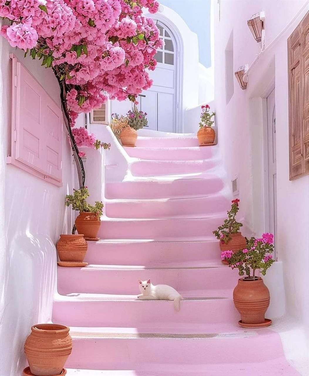 Pink painted stairs in a Greek aley with white walls, poted flowers, bougainvillea, and a white cat