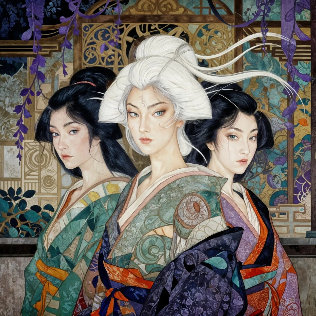 Three Japanese women warriors in elaborate kimonos with ornate patterned background