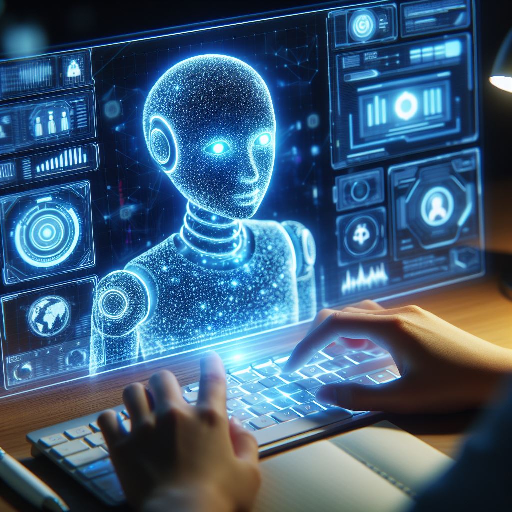 Holographic AI figure on a futuristic computer screen above a glowing keyboard