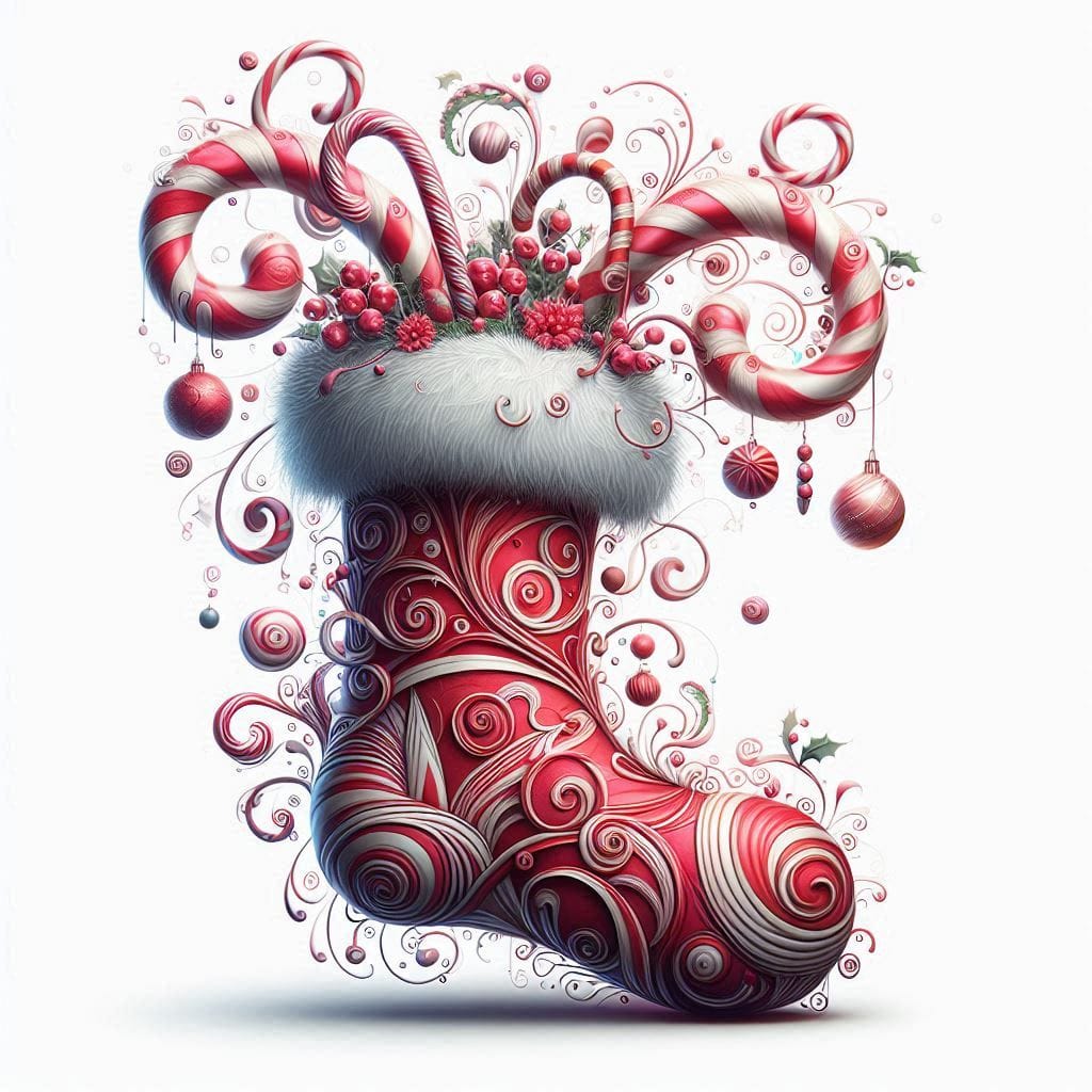 Decorative red and white Christmas stocking with candy canes, holly berries, and swirling patterns
