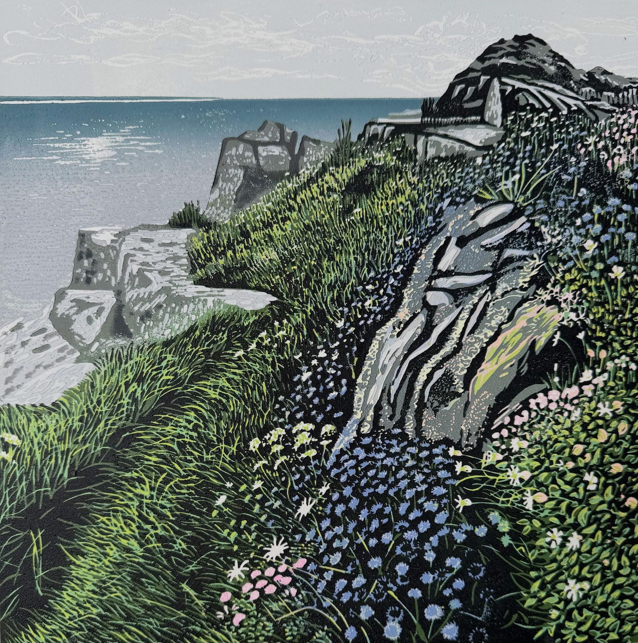 Painting of a grassy cliff path with wildflowers beside the sea and rocky coast